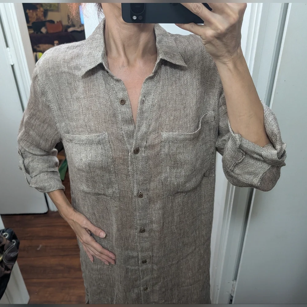 magaschoni loose knit tan linen shirt dress Size S